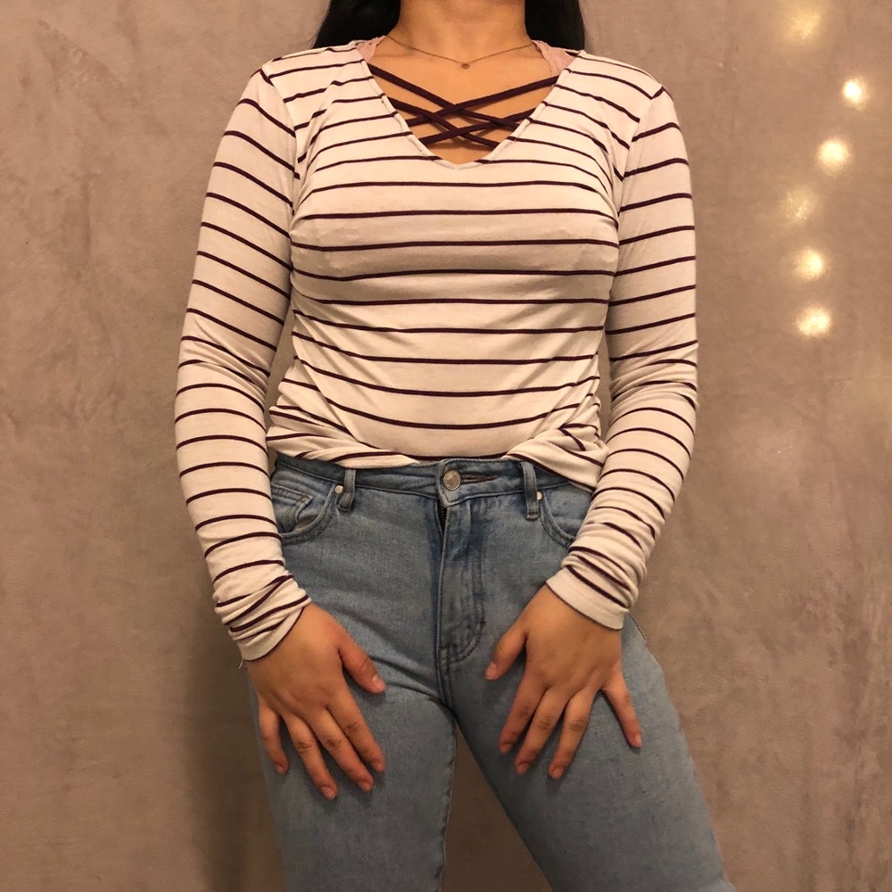 striped lace-up long sleeve